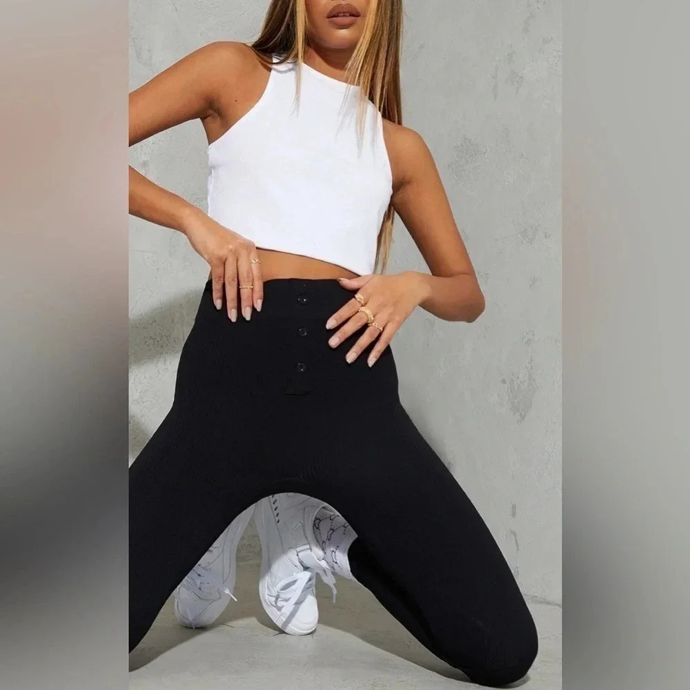 PLT Basic Black Structured Snatched Rib Button Front‎ Legging XS